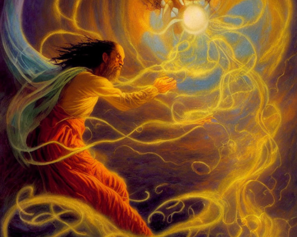 Mystical painting of floating figure with swirling light and radiant tree