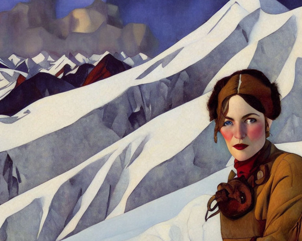 Vintage Illustration: Woman with Headband and Rosy Cheeks in Snow-Capped Mountains