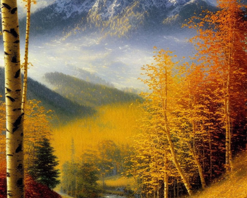 Scenic Autumn Landscape with Yellow-Orange Trees, River, and Snow-Capped Mountains