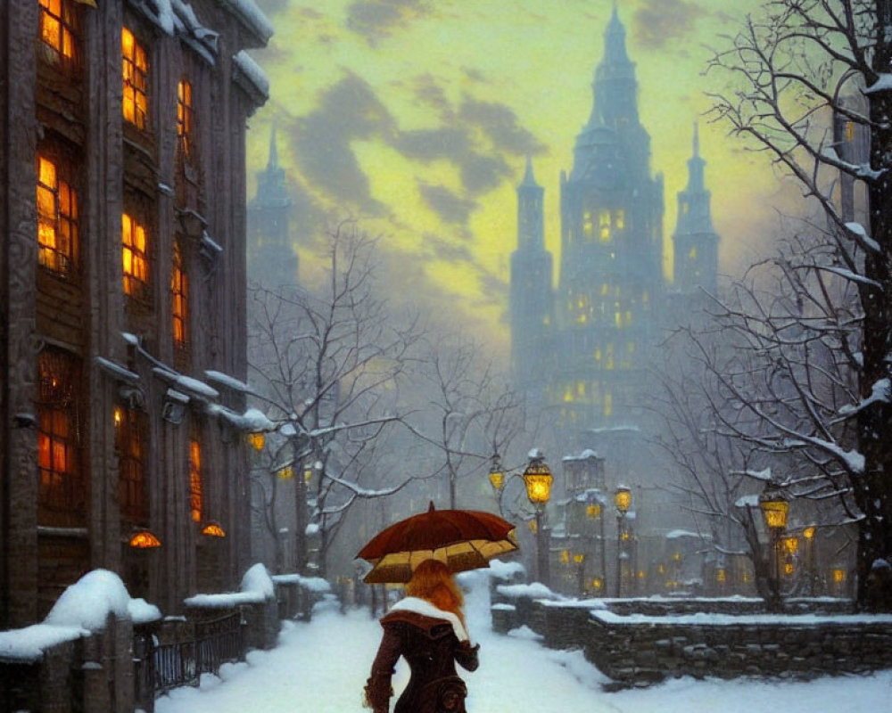 Person in vintage clothing walks snowy street with lantern at dusk