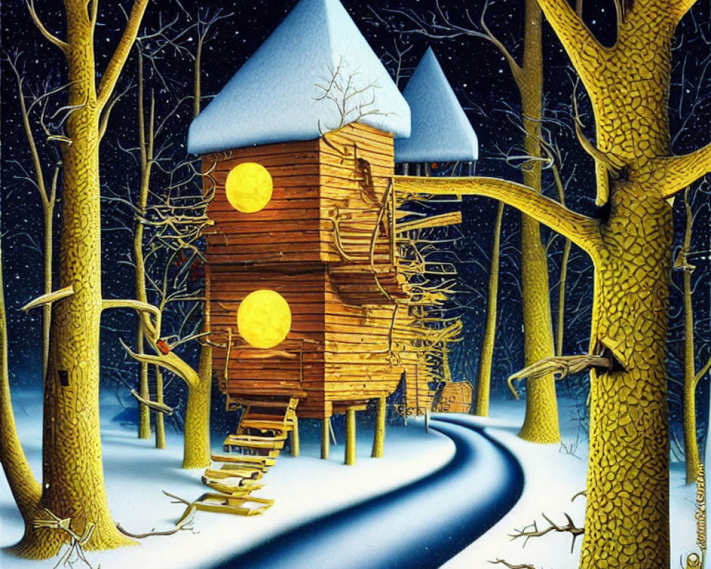 Whimsical winter scene: cozy treehouse in snowy forest