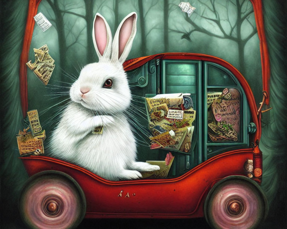 Whimsical white rabbit driving red car in enchanted forest