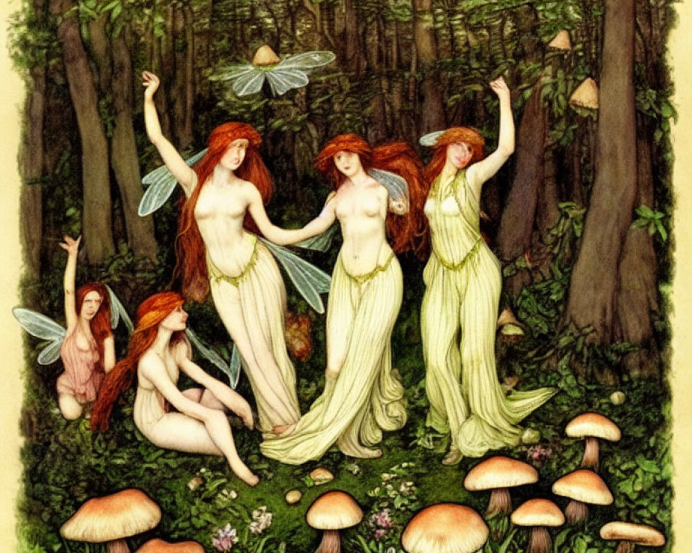 Ethereal fairy figures with wings in forest setting among oversized mushrooms