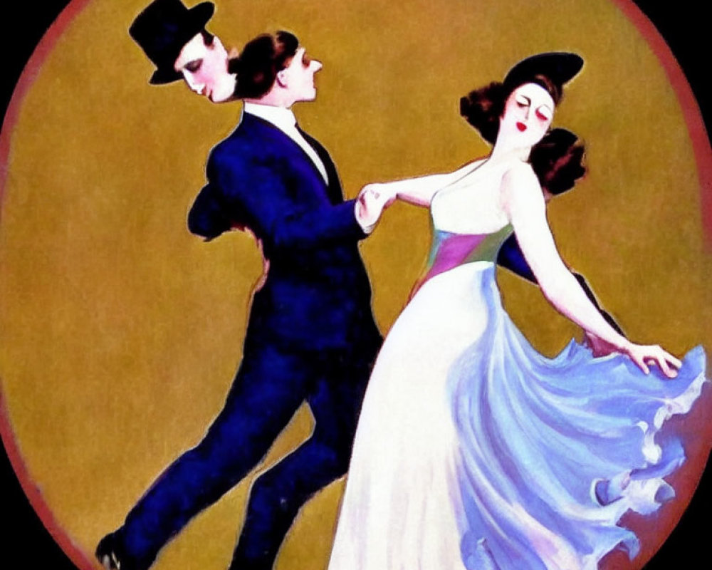 Vintage illustration of elegantly dancing couple in suit and dress