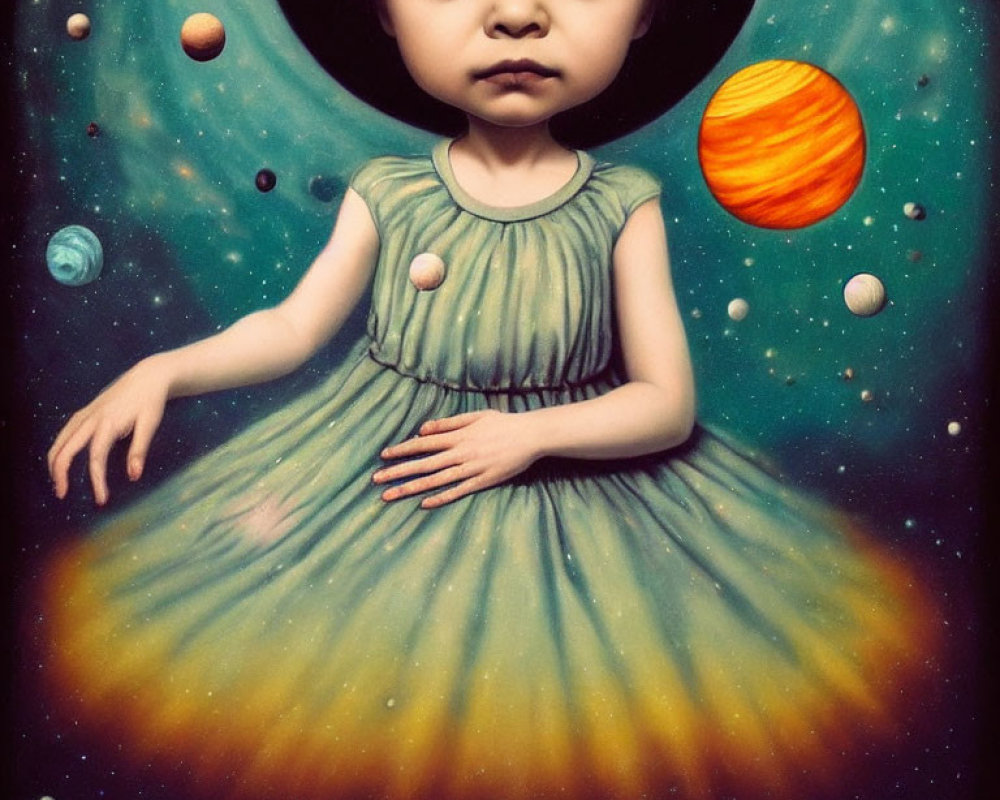 Child's surreal portrait with cosmos-themed dress and orbiting planets on starry space backdrop