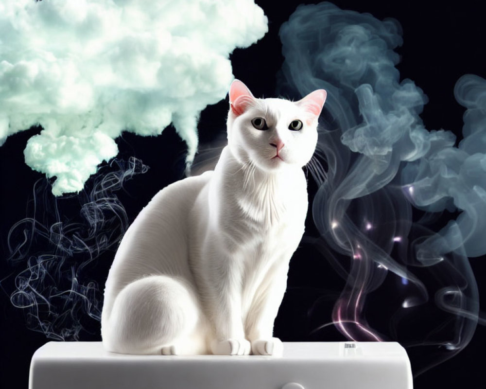 White Cat Sitting on Ledge Surrounded by Blue Smoke Swirls