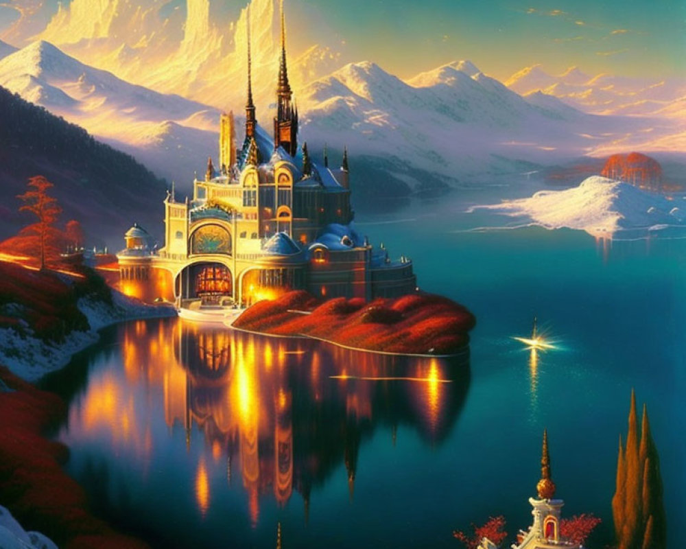 Fantastical castle by serene lake with snowy mountains and vibrant sunset