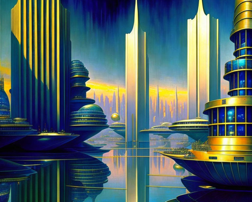 Futuristic cityscape with reflective skyscrapers and serene waterfront