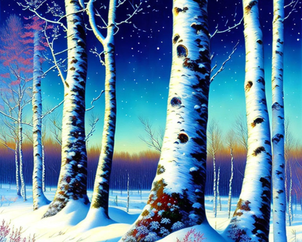 Winter Birch Trees Night Sky Snow Scene