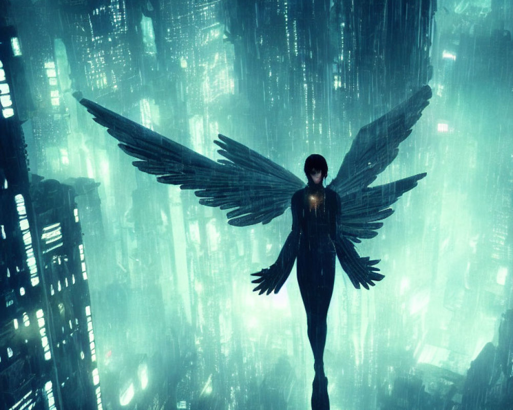 Winged humanoid figure flying over futuristic cityscape at night