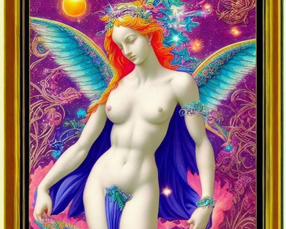 Vibrant cosmic painting of winged female figure in blue fabric