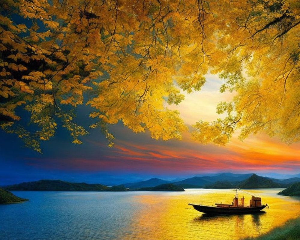 Tranquil lake sunset with boat, hills, autumn leaves