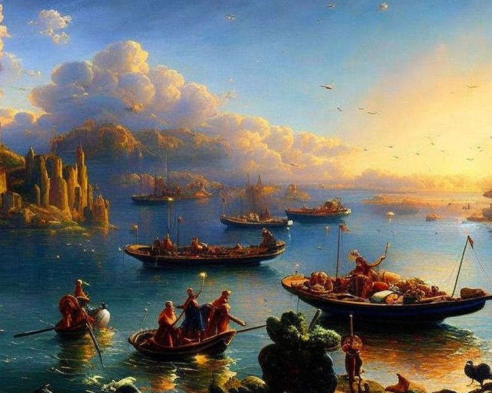 Tranquil sunset seascape with boats, figures, and distant cityscape