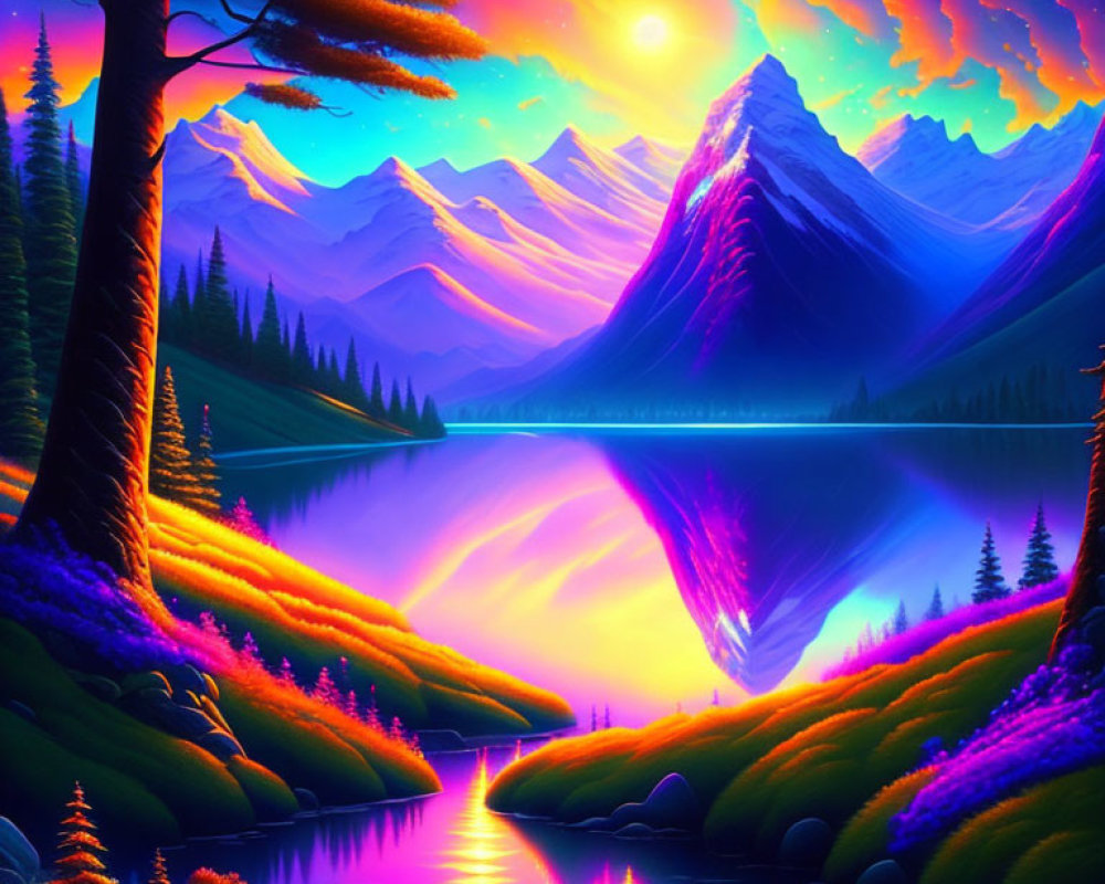 Colorful surreal landscape: neon sunset, reflective river, glowing flora