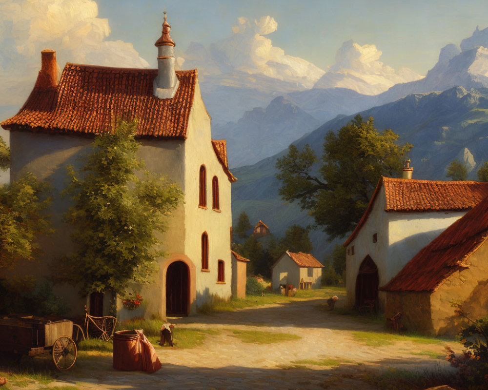 Rustic village scene with quaint houses, cart, sacks, and distant mountains