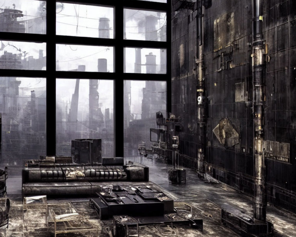 Industrial-style room with cityscape view, dark metallic furniture, and worn rugs