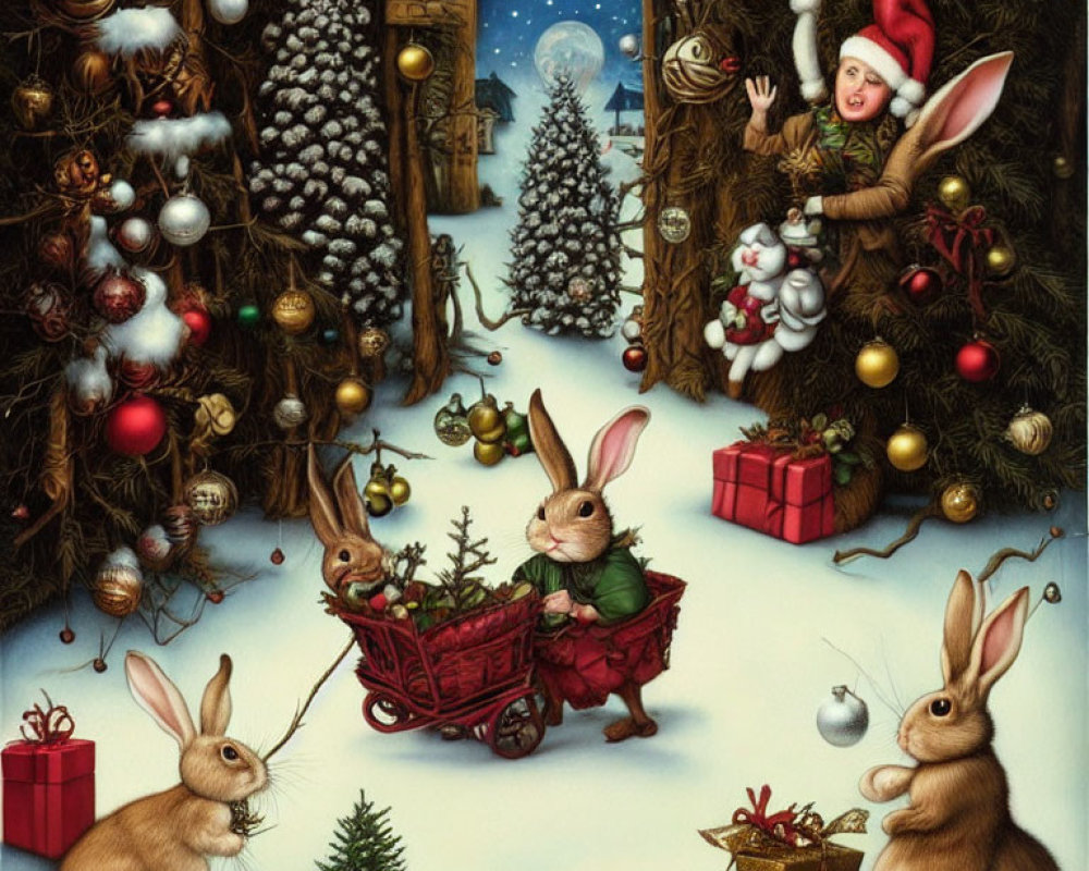 Anthropomorphic rabbits decorate Christmas scene with trees and gifts