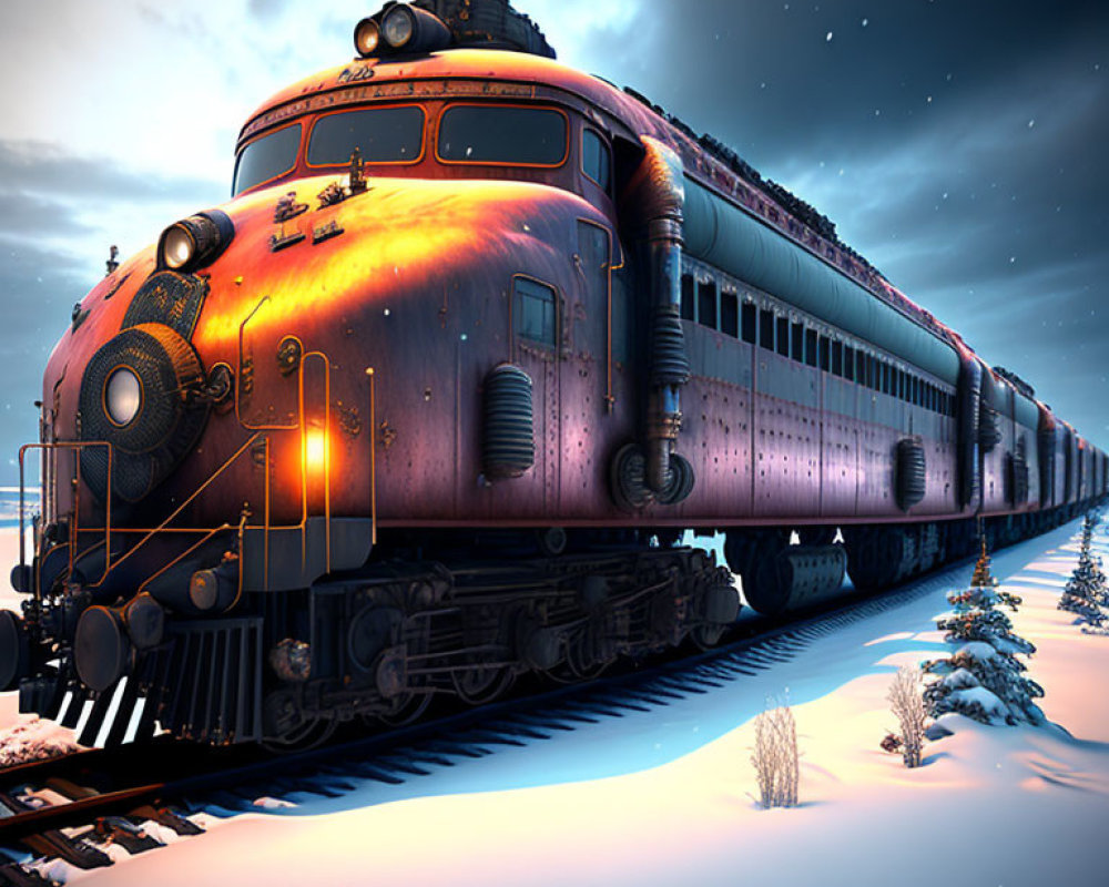 Vintage train travels through snowy landscape at twilight