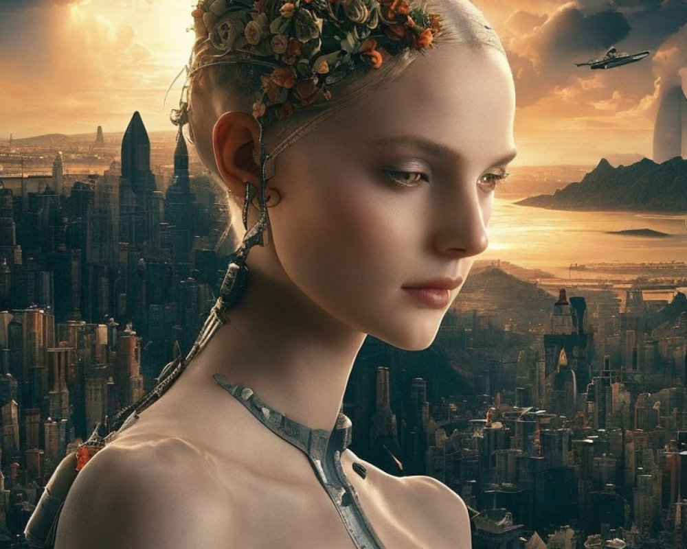 Woman with floral headpiece gazes at futuristic cityscape with flying vehicles under dramatic sunset sky