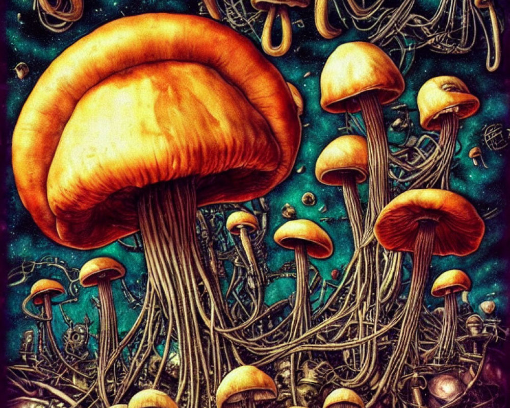 Vibrant orange mushrooms in intricate forest scene