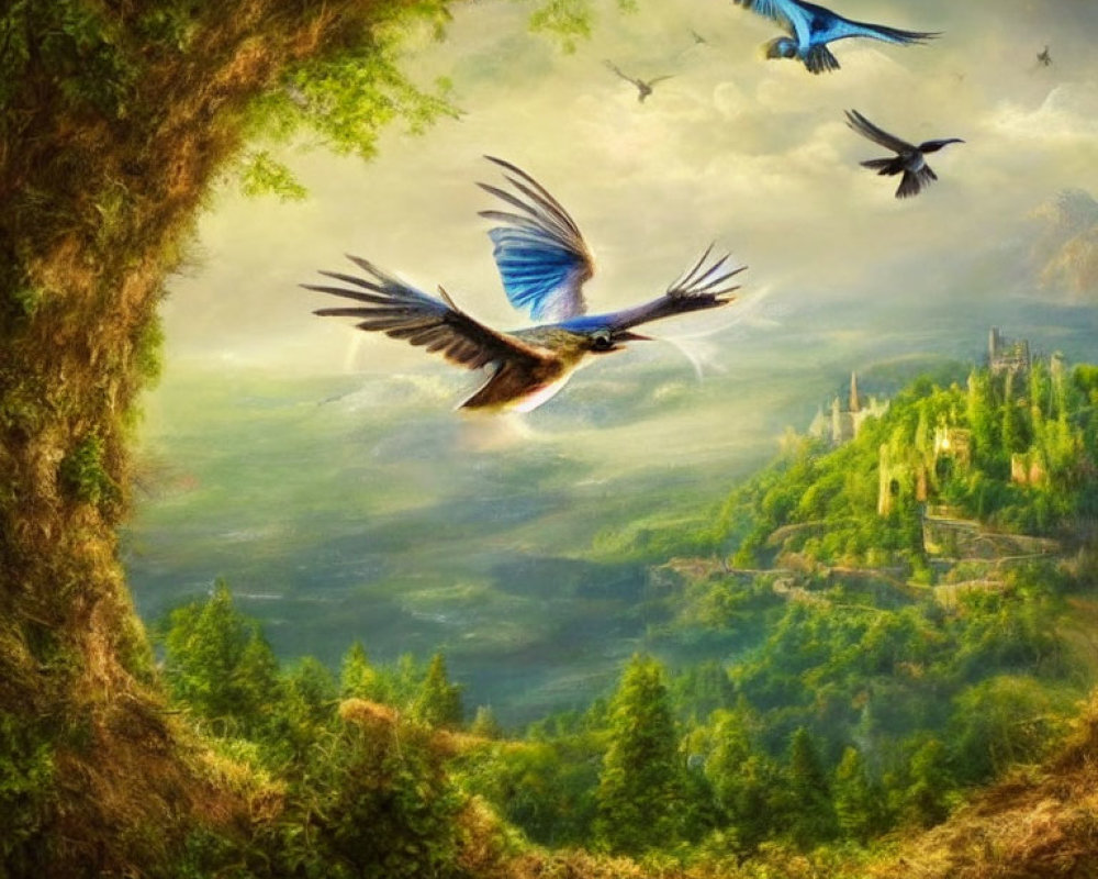 Birds flying through circular opening in vibrant landscape with castle and trees.