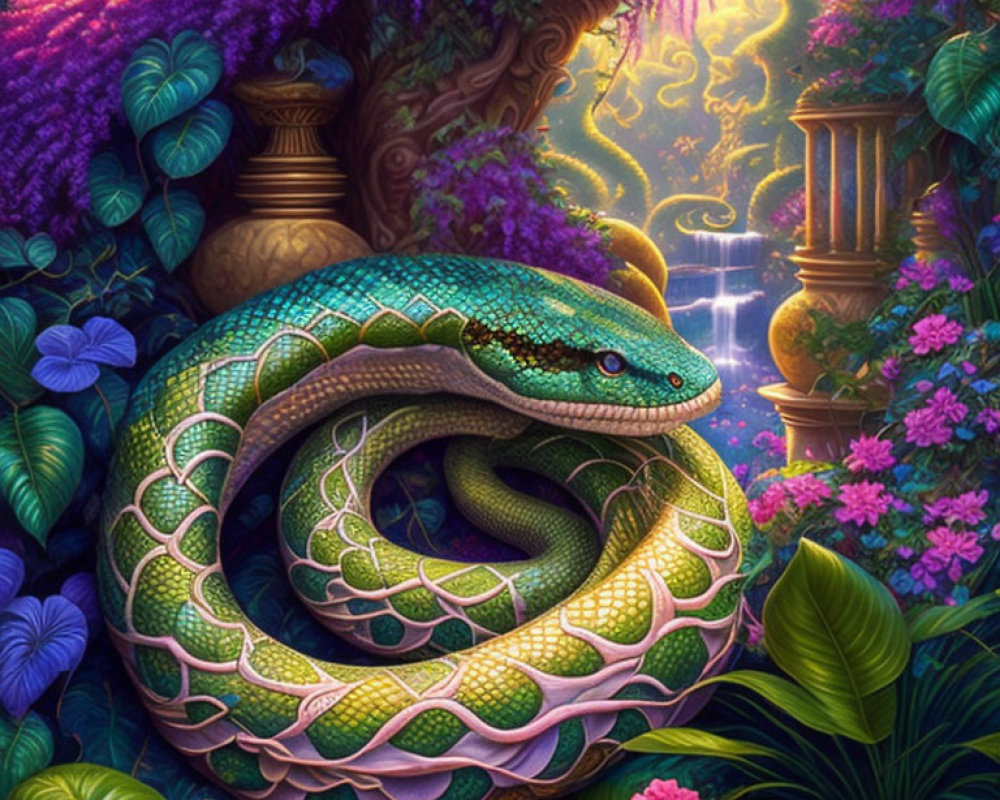 Colorful digital artwork: Green snake in mystical jungle