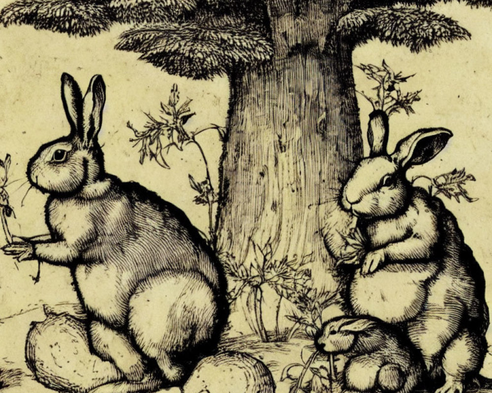 Three rabbits under a tree with rocks and vegetation