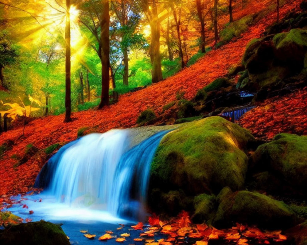 Scenic autumn waterfall with mossy rocks and colorful trees