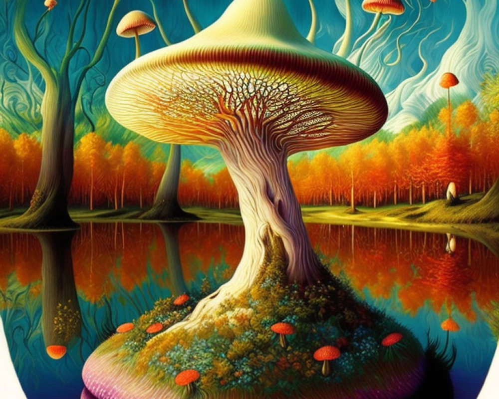 Colorful surreal landscape with mushroom-shaped tree and floating jellyfish-like mushrooms