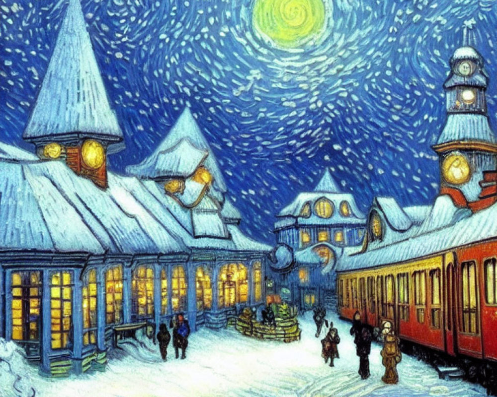 Snowy Train Station Night Scene with Moon and Swirling Skies