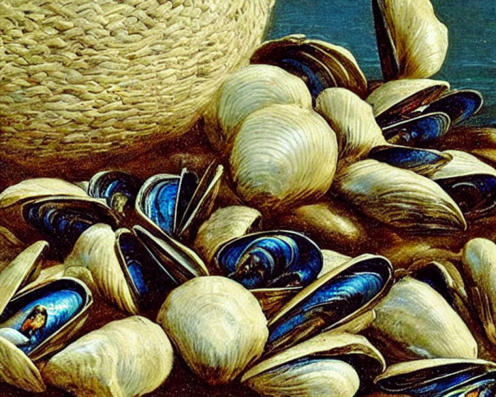 Scattered Clams and Mussels with Iridescent Interiors and Woven Basket
