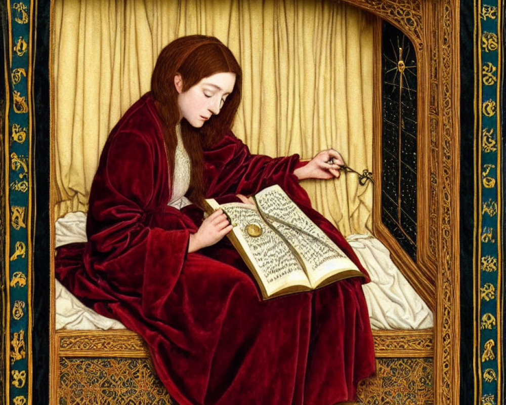 Woman in rich red robe reading large book by window with spider's web in ornate room