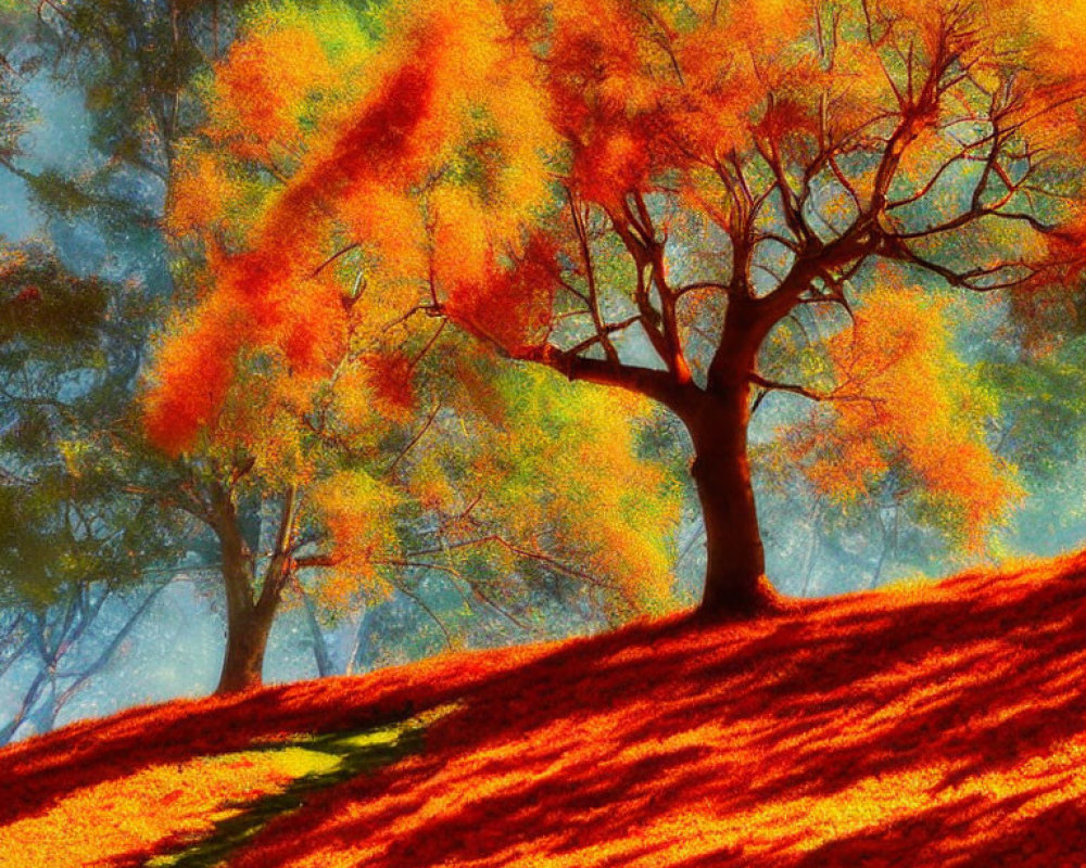 Colorful autumn trees casting shadows on sunlit red grassy hill