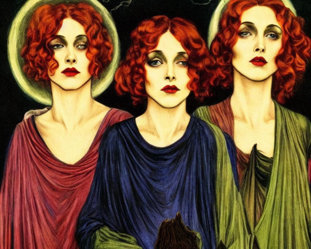 Three women with red hair in colorful robes against dark backdrop