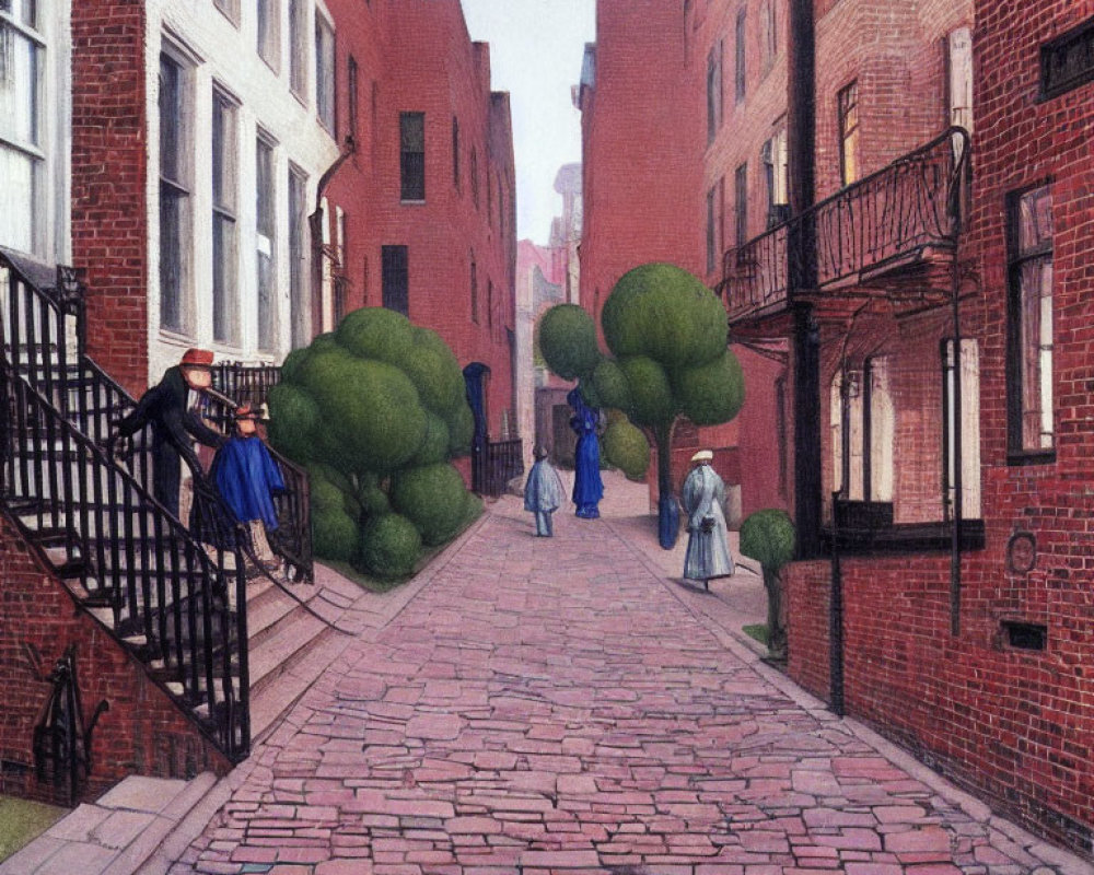 Cobbled Street Painting with Red Brick Buildings and 19th-Century Figures