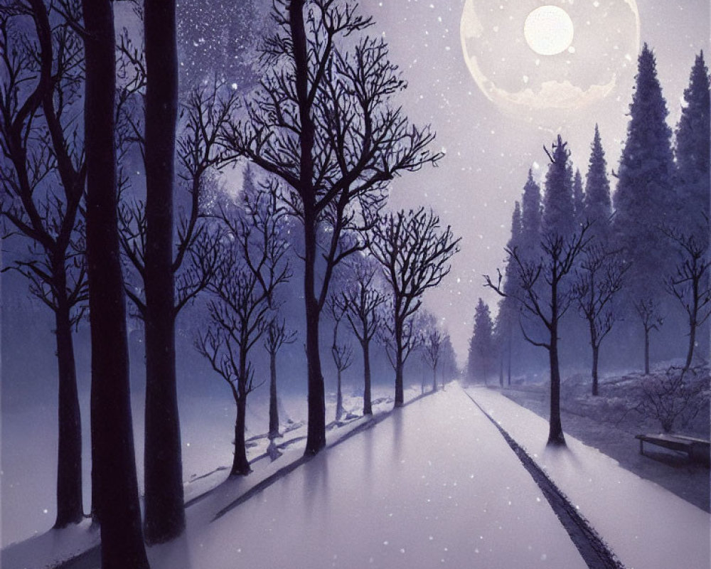 Moonlit snowy landscape with bare trees and starry sky.