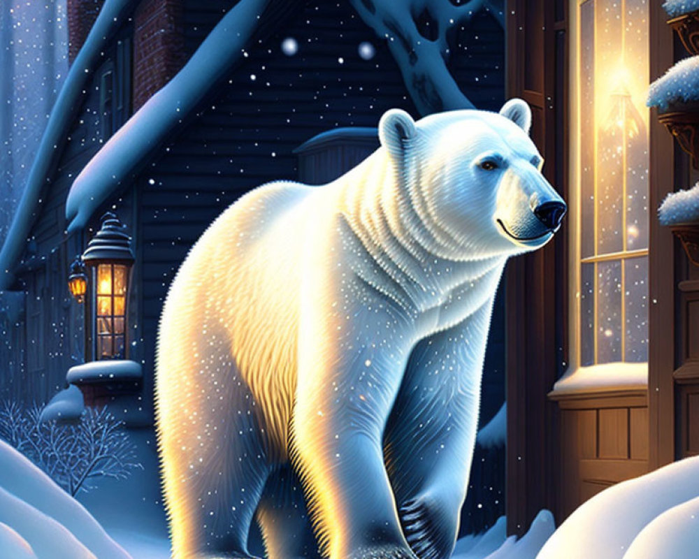 Polar bear in snowy night scene by warmly lit house window