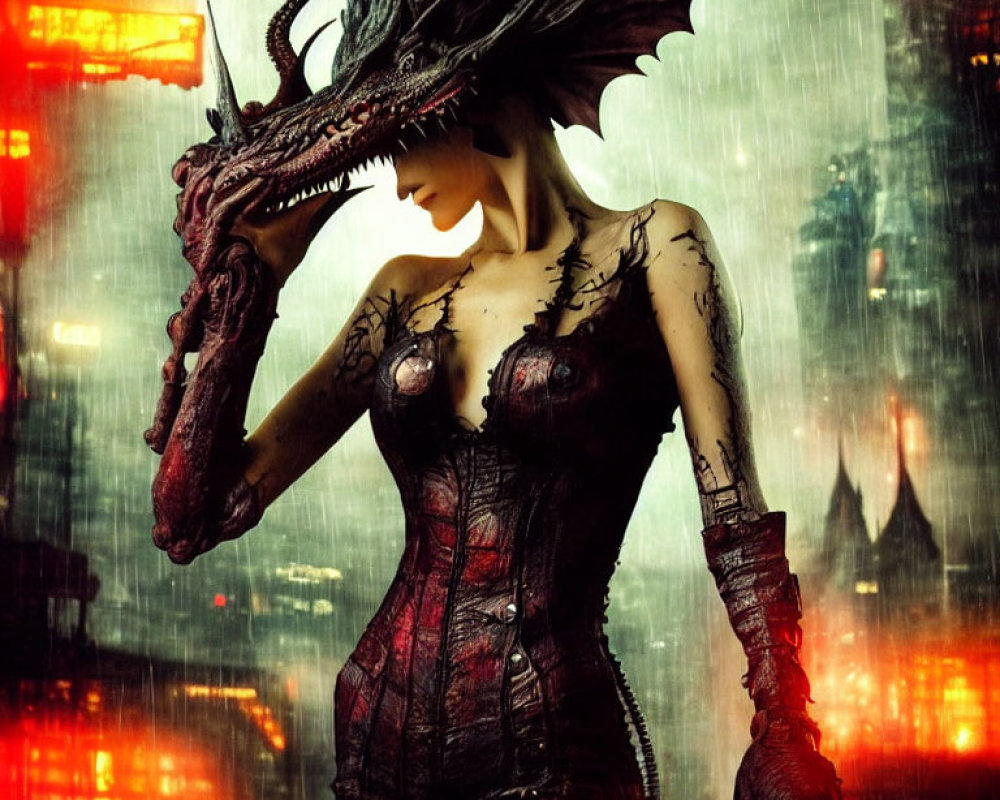 Female character in red and black outfit with dragon headpiece in rainy cityscape.