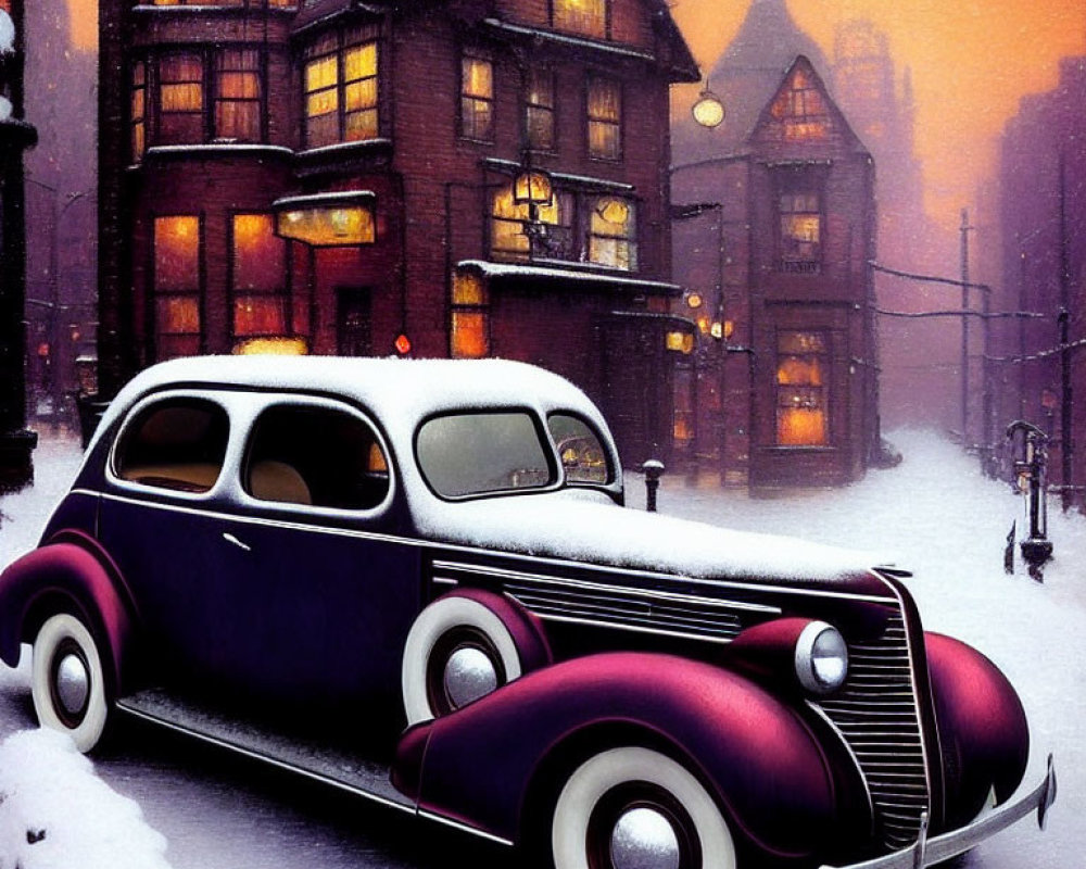 Vintage Car Parked on Snowy Street at Dusk