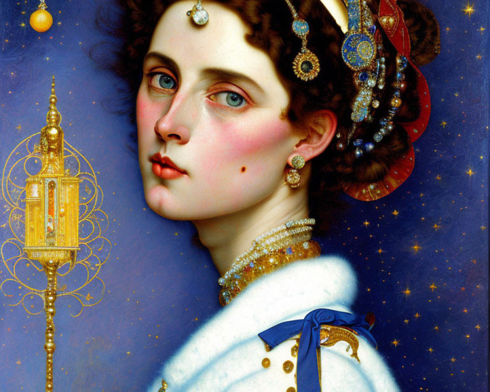 Digital painting of woman with dark hair in elaborate headdress and jewelry, holding golden lantern against starry