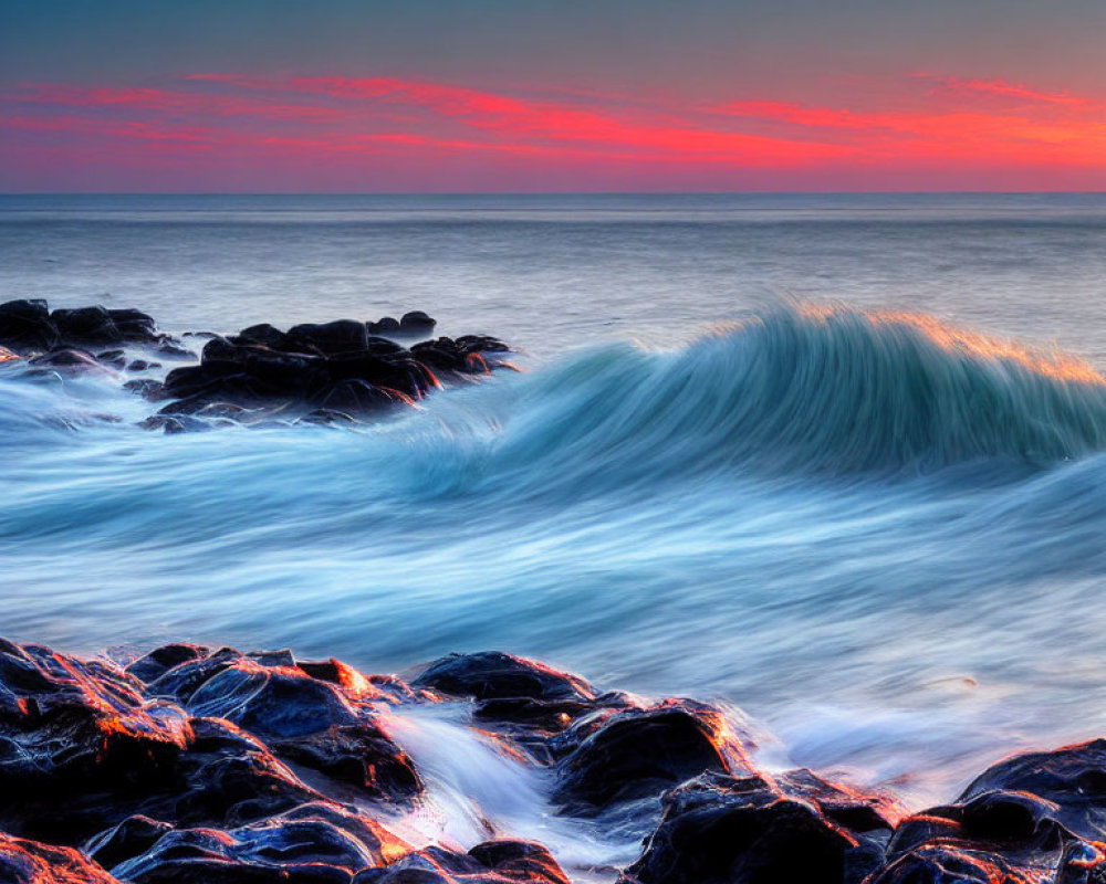 Colorful Sunrise Over Vibrant Seascape with Cresting Wave