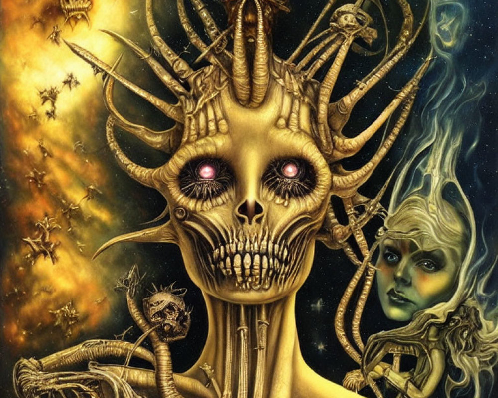 Surreal artwork: skull, serpentine creatures, haunting face, cosmic elements