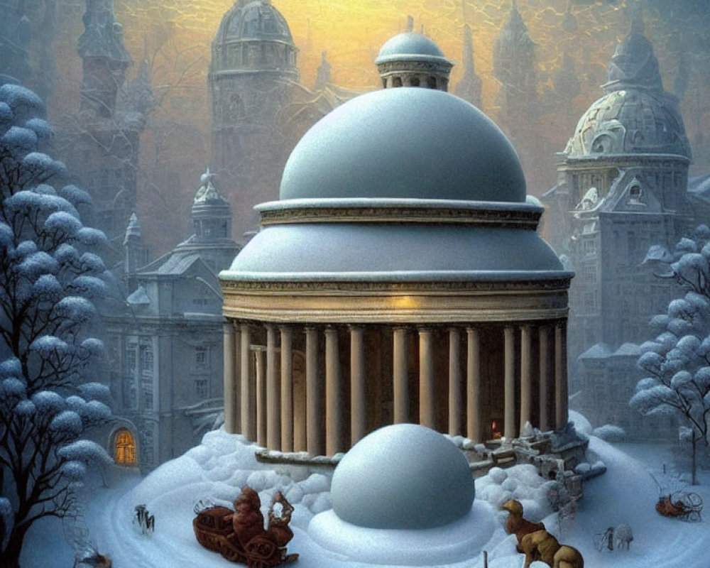 Fantastical snow-covered cityscape with classical buildings and sleigh