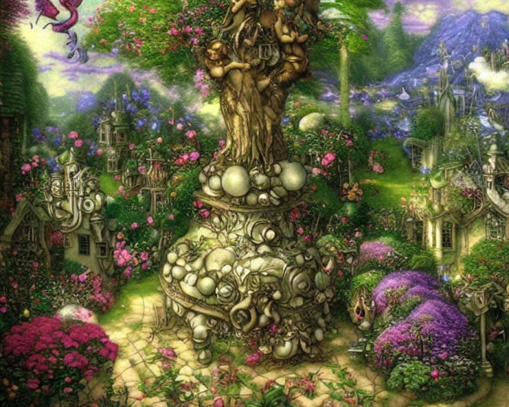 Colorful Fantasy Garden with Tree Lady Sculpture, Fairy, and Hidden Animals