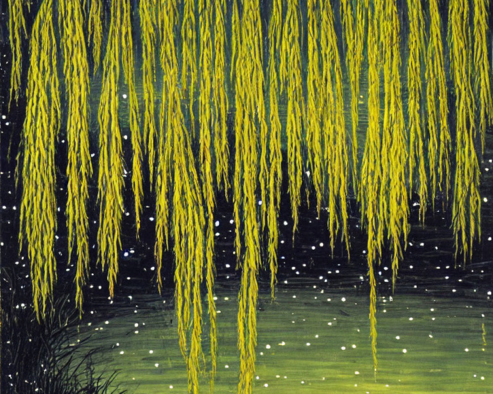 Starry night sky with willow branches and glowing orb artwork