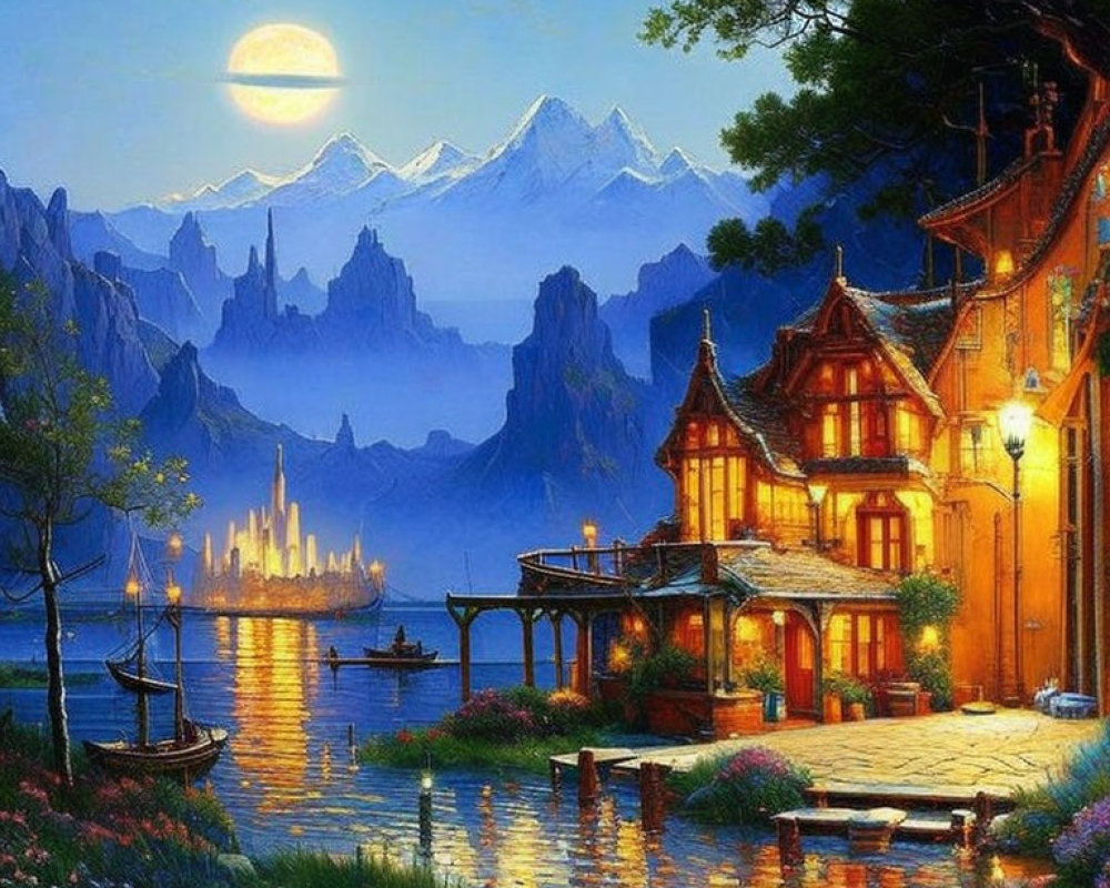 Tranquil lakeside night with cozy houses, boats, full moon & mountains