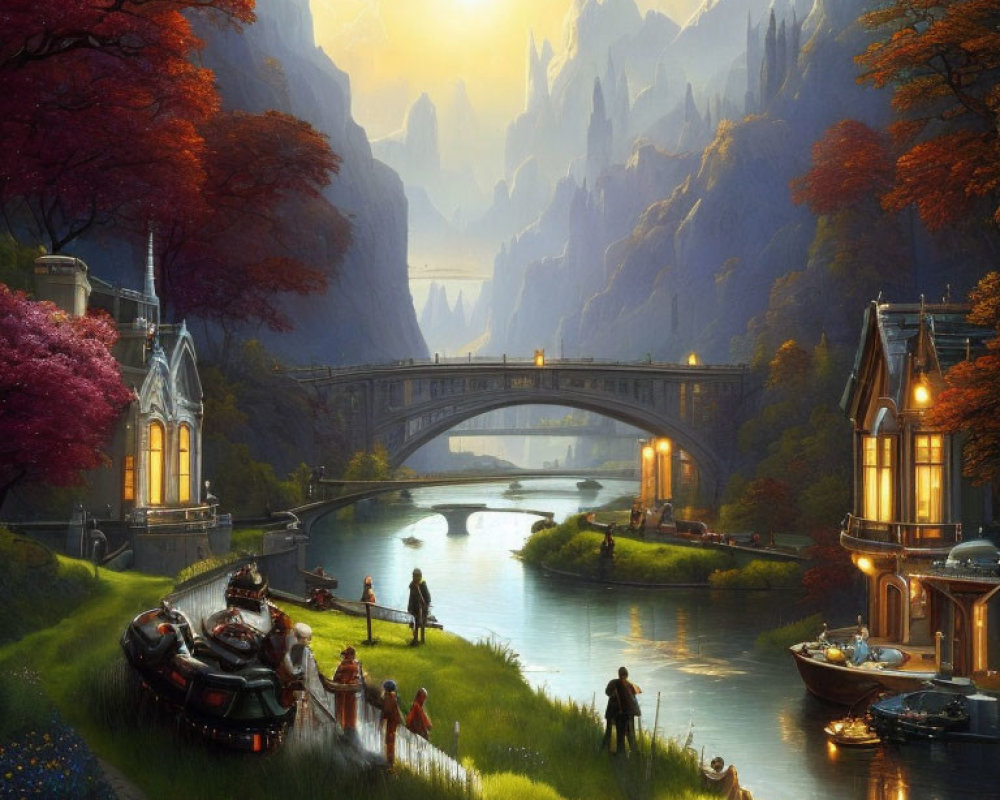 Fantasy landscape with river, bridges, castle, and people at sunset