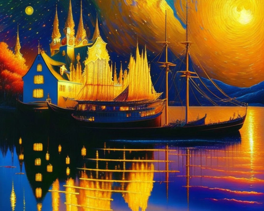 Vibrant painting of starry night sky, castle by water, ship with illuminated sails