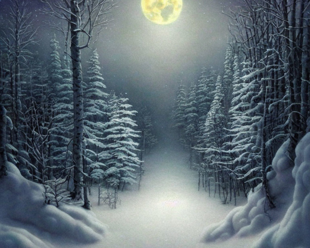 Snow-covered evergreen trees under bright full moon in serene winter night.