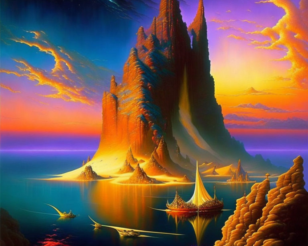 Colorful fantasy landscape with towering mountain and traditional sailing ships